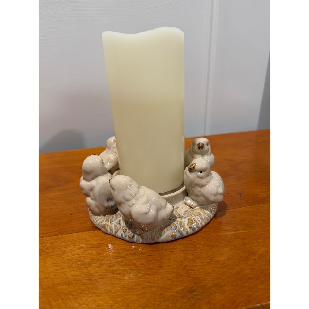 Vintage Ceramic Bird Pillar Candle Holder Farmhouse Cream Six Birds 6 Inch
